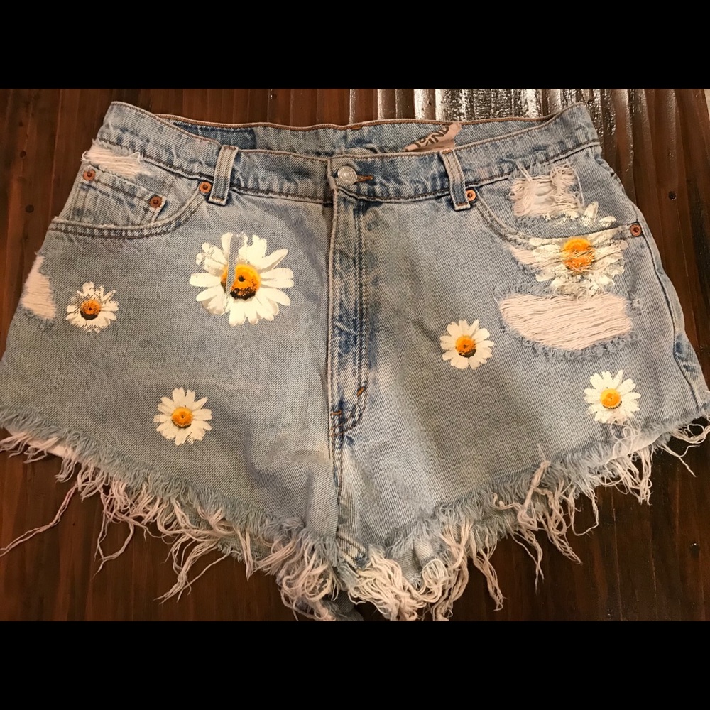 Painted Daisy distressed denim shorts